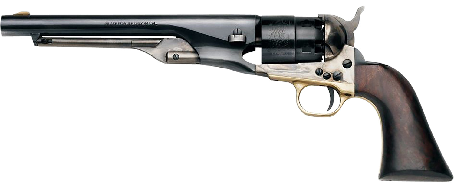 Pietta PF60OWS448 1860 Old West 44 Cal 8″ 6rd Blued & Engraved Cylinder, Blued Steel Barrel, Wood Grip