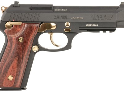 Taurus 1-920151GLD-HW1 92  Full Size Frame 9mm 17+1 5″ Matte Black Stainless Steel Barrel, Matte Black Serrated Alloy Steel Slide, Matte Black w/Gold Accents Aluminum Frame w/Picatinny Rail, Wood Grip
