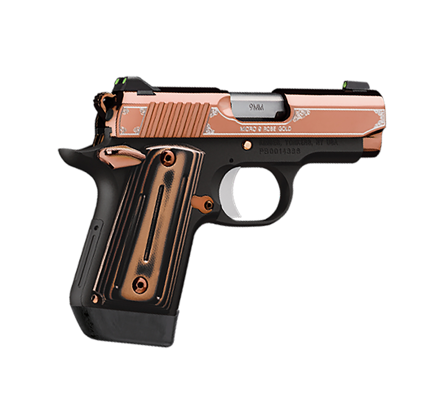 Kimber Mfg, Inc 3300174 Micro 9  9mm Luger 7+1 3.15″ Stainless Ramped Steel Barrel, Rose Gold PVD Stainless Steel Serrated Slide, Matte Black Aluminum Frame, Black/Rose Gold G10 Grip