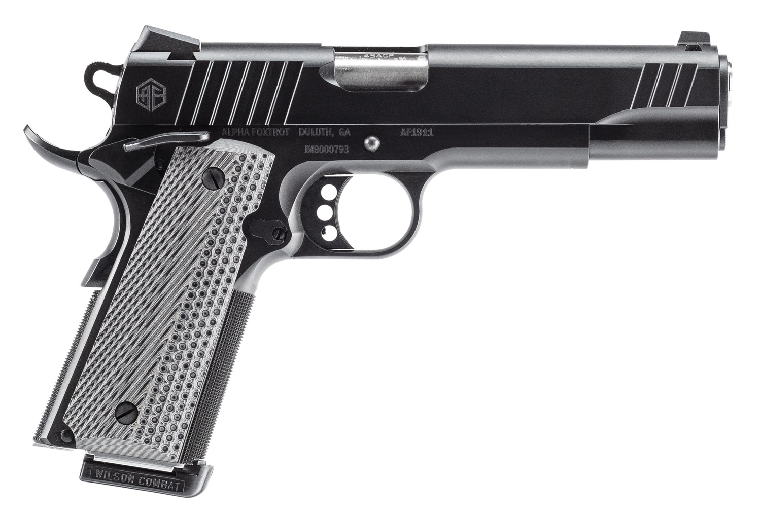 Alpha Foxtrot AA27X4ENA-XQBK08-WBS AF1911  Full Size 45 ACP 8+1 5″ Stainless Bull Barrel, Black QPQ Stainless Steel Serrated Slide, Black QPQ Stainless Steel Serrated Frame w/Beavertail G10 Grip