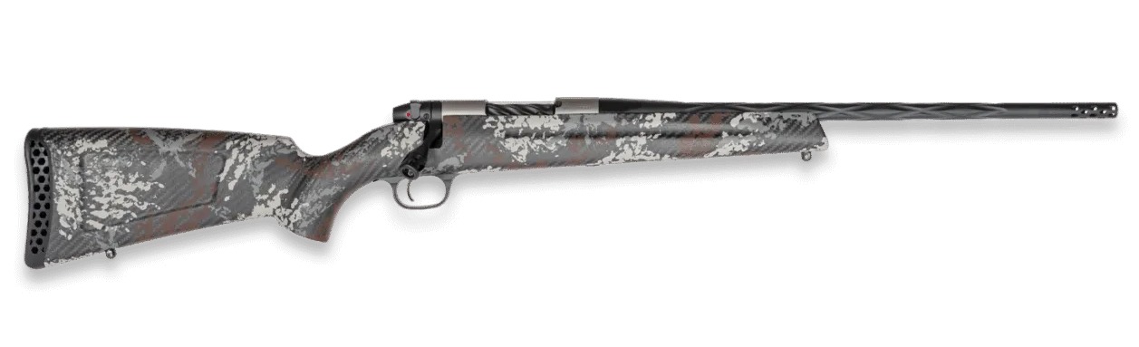 Weatherby MBP01N65RWR3B Mark V Capra 6.5 Wthby RPM 2+1 21″ Graphite Black Cerakote Fluted Threaded Barrel Titanium Receiver Drilled & Tapped Receiver Exposed Carbon w/Gray, White & Rust Sponge Accents