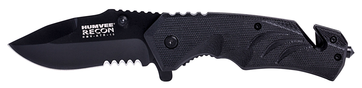 Humvee Adventure Gear HMVKTR15 Tactical Recon  3″ Folding Drop Point Part Serrated Black Stainless Steel Blade/Black Textured Features Glass Breaker/Seat Belt Cutter Includes Pocket Clip