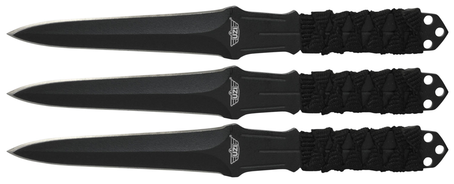 Uzi Accessories UZKTRW003 Throwing Knives  3″ Fixed Straight Back Plain Black Stainless Steel Blade Black Nylon Cord Wrapped Handle
