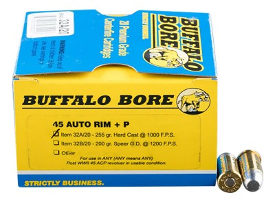 Buffalo Bore Ammunition 32A20 Personal Defense Strictly Business 45Auto Rim +P 255gr Hard Cast Flat Nose 20 Per Box/12 Case