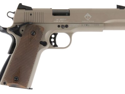 GSG GSG2210M1911T 1911  22 LR 10+1 5″ Threaded Barrel, Tan Serrated Slide & Zinc Alloy w/Beavertail Frame, Double Diamond Walnut Grip