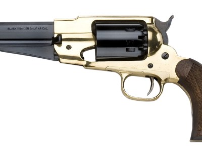 Pietta PF58BR44512 1858 Remington Brass Sheriff 44 Cal 6rd 5.50″ Blued Octagonal Steel Barrel & Cylinder, Brass Frame, Checkered Walnut Grip