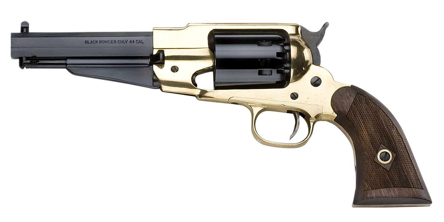 Pietta PF58BR44512 1858 Remington Brass Sheriff 44 Cal 6rd 5.50″ Blued Octagonal Steel Barrel & Cylinder, Brass Frame, Checkered Walnut Grip