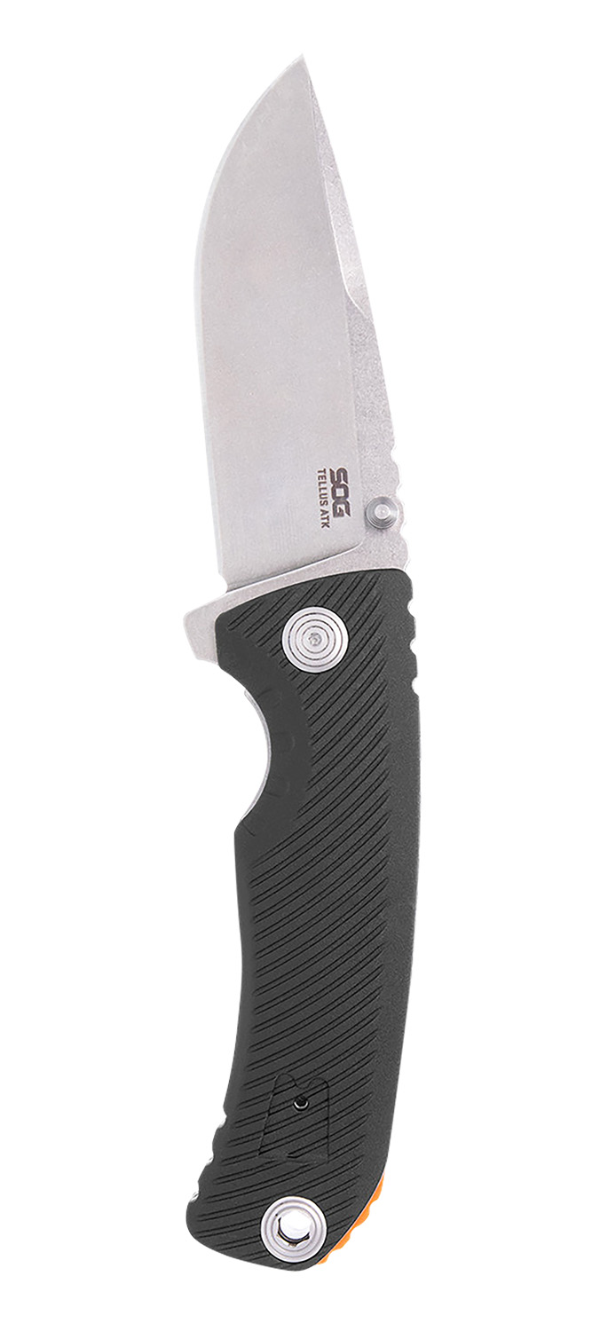 S.O.G SOG11060243 Tellus ATK 3.50″ Folding Clip Point Plain Stonewashed Cryo 440C SS Blade/ Black Textured w/Orange Backspacer GRN Handle Includes Belt Clip