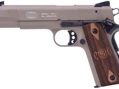 Mauser Rimfire 4110604 1911  22 LR 10+1 5″ Black Steel Barrel, Tan Serrated Aluminum Slide, Tan Aluminum Frame w/Beavertail, Walnut Grip, Ambidextrous