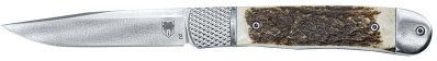 CobraTec Knives CTTHRSTG Trapper Hidden Release 3.12″ Flip Open Drop Point Plain Satin D2 Steel Blade, 4.25″ Stag Scales Handle