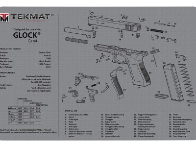 TekMat TEKR17GLOCKG4GY Glock Gen 4 Cleaning Mat Gray Rubber 11″x17″ Glock Gen 4 Parts Diagram