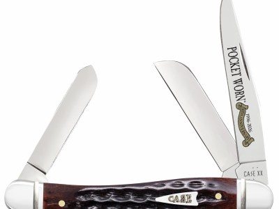 Case 55232 Pocket Worn Stockman Medium Folding Clip Point/Pen/Sheepsfoot Plain Tru-Sharp SS Blade, Mahogany Corn Cob Jigged Bone Handle