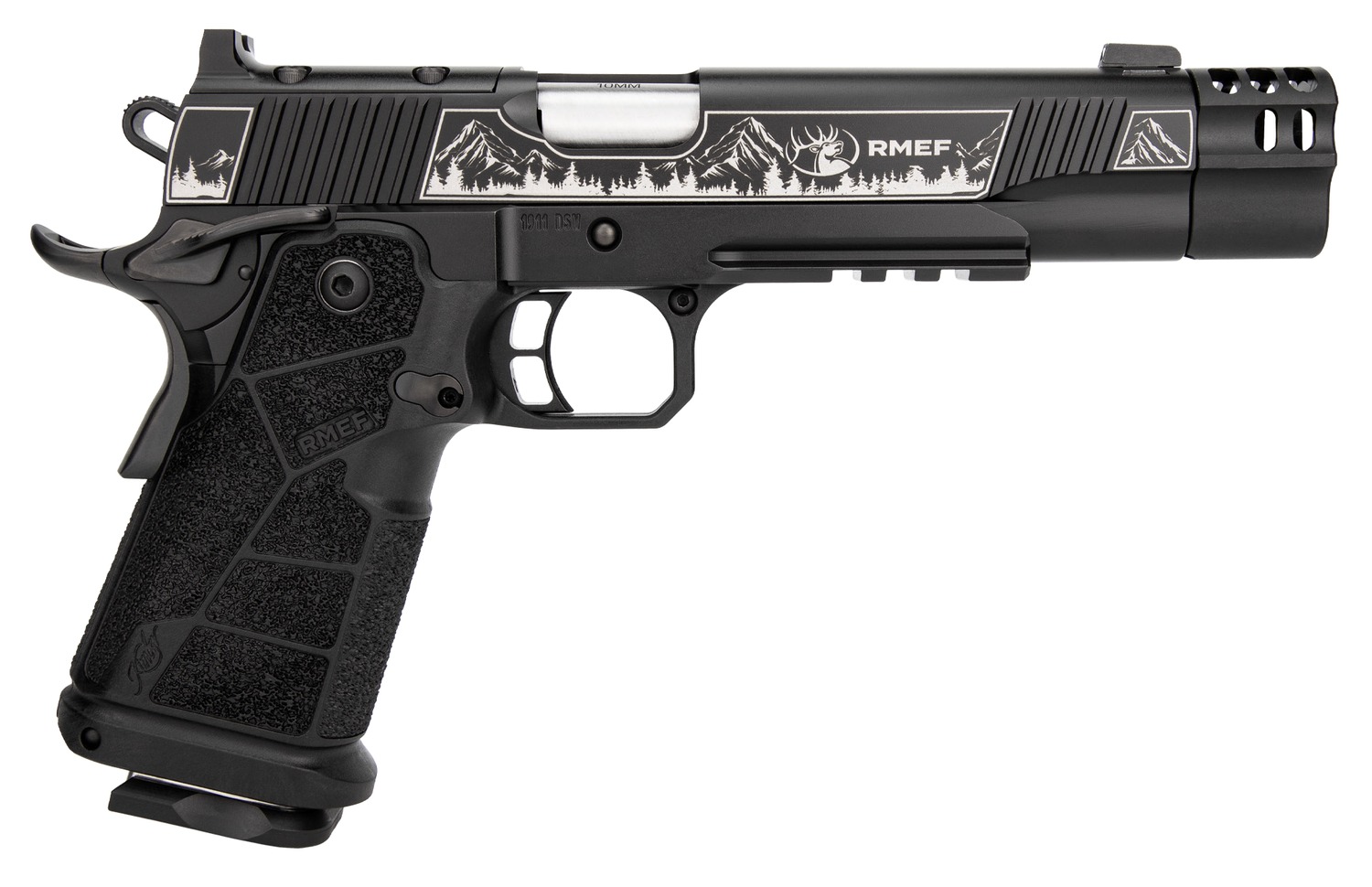 Kimber Mfg, Inc 3600305 DS Warrior Camp Guard Elite Full Size 10mm Auto 18+1 5″ Matte Stainless Compensated Barrel, KimPro Black Stainless Steel Engraved Lightening Cut/Optic Ready/Serrated Slide, Bla