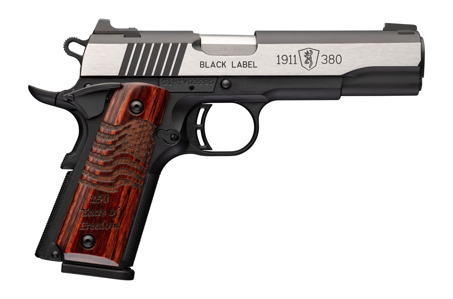 Browning 051122492 1911 Black Label Medallion Pro 250 Full Size 380 ACP 10+1 4.25″ Matte Stainless Barrel, Blackened w/Silver Polished Flats Stainless Steel Serrated Slide, Matte Black Polymer Frame w
