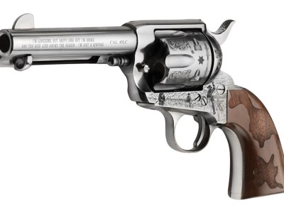Pietta PFI45CP434EW Cowpoke 45 Colt (Long Colt) 6 Shot 4.75″ Nickel Barrel, Nickel Engraved Cylinder & Frame, Cowhide Walnut Engraved Grip, Exposed Hammer