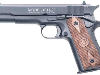 Chiappa Firearms 401038 1911-22  22 LR 10+1, 5″ Black Steel Barrel, Blued Serrated Slide, Blued Aluminum Frame w/Beavertail, Stippled Walnut Grip, Manual Thumb Safety, Right Hand