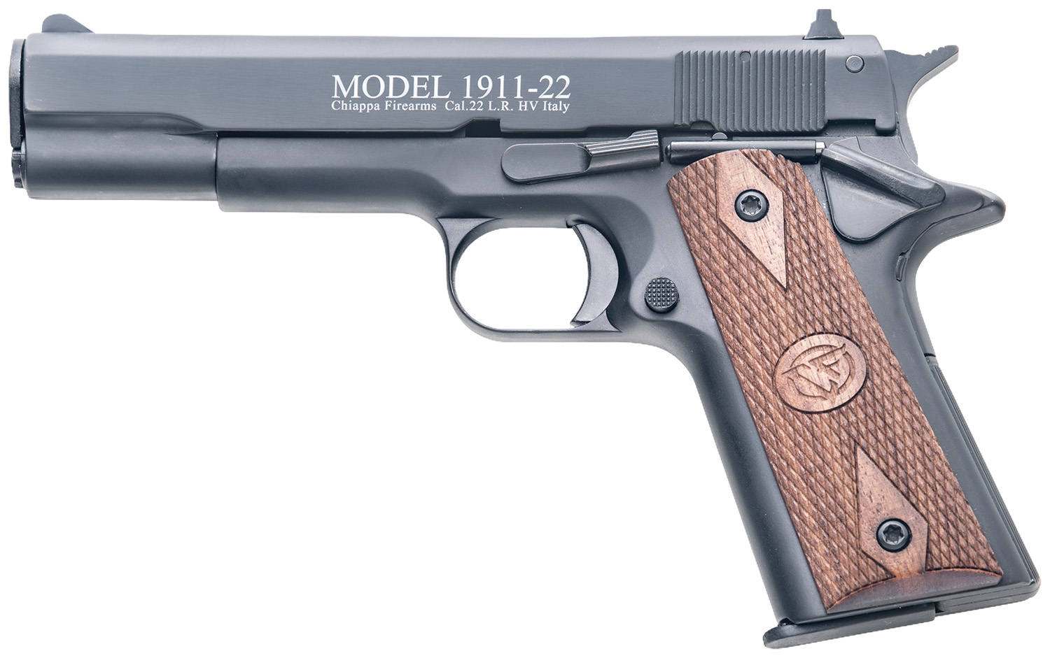 Chiappa Firearms 401038 1911-22  22 LR 10+1, 5″ Black Steel Barrel, Blued Serrated Slide, Blued Aluminum Frame w/Beavertail, Stippled Walnut Grip, Manual Thumb Safety, Right Hand