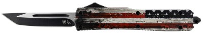 Templar Knife MWUS231 Gen II Wood US Flag Slim 3.43″ OTF Tanto Plain Black Oxide Stonewashed 440C SS Blade, 5.05″ Painted Wood Grain US Flag Aluminum Handle, Glass Breaker