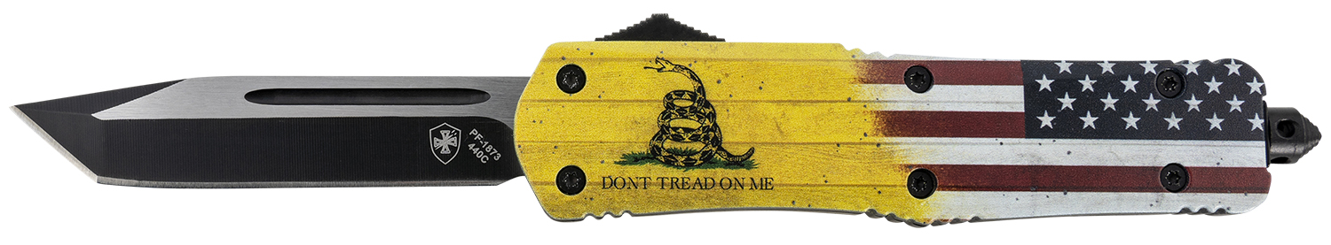 Templar Knife LDTOM231 Gen II Don’t Tread On Me Large 3.50″ OTF Tanto Plain Black Oxide Stonewashed 440C SS Blade, 5.25″ Yellow w/Flag & “Don’t Tread On Me” Aluminum Handle, Glass Breaker