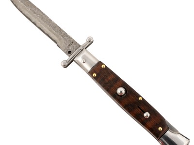 Steel River Knives SGSWRDAM Spartan  3.9″ Italian Bayonet Damascus 5.1″ Snakewood Buffalo Horn Handle Side Open