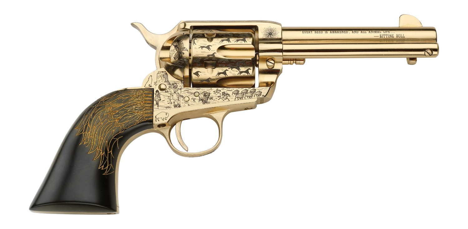 Pietta PFI45KOP434EP Keeper Of The Plains 45 Colt (Long Colt) 6 Shot 4.75″ Ultra Black Engraved w/Eagle Feather Grip