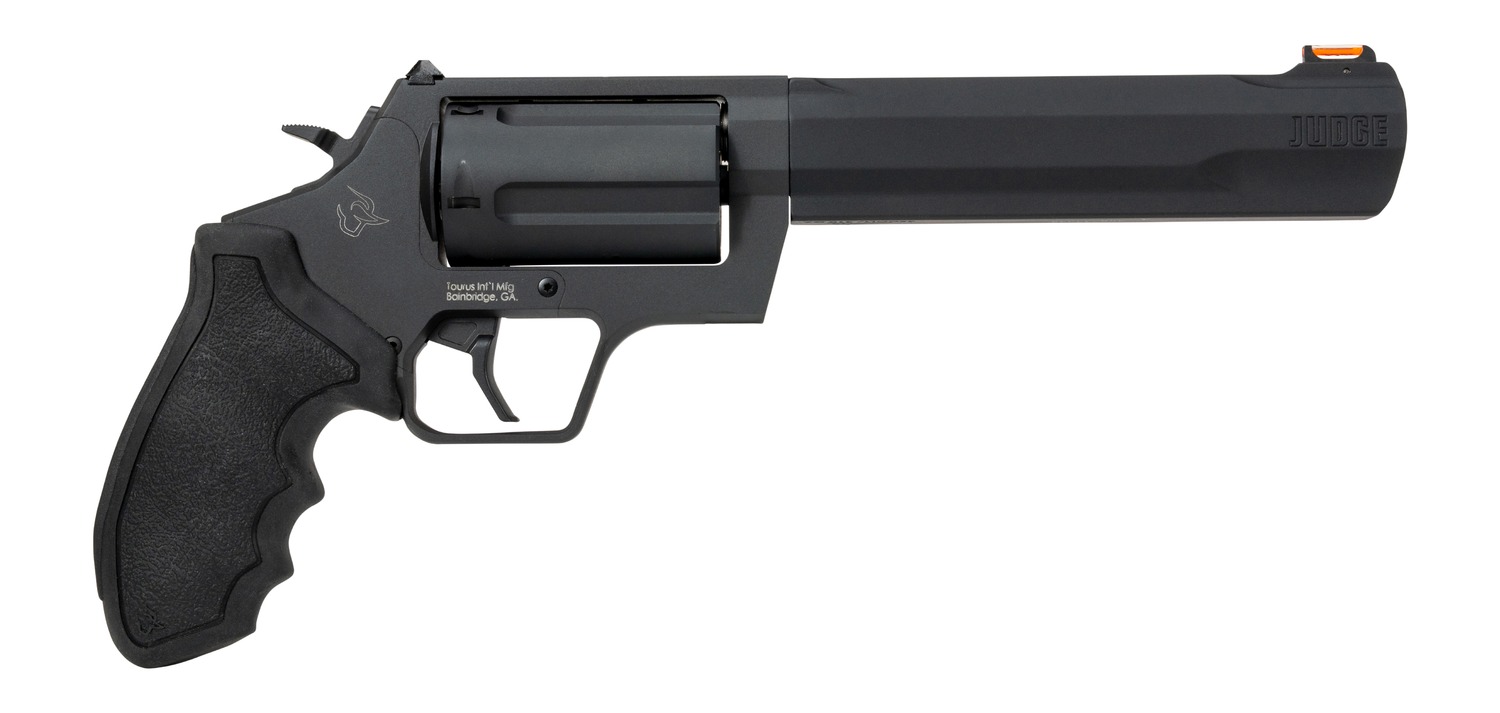 Taurus 2-JUDGE61 Judge  45 Long Colt/410 Gauge 5 Shot 6.50″ Black Stainless Steel Barrel, Cylinder & Frame, Black Rubber Grip, Transfer Bar Safety