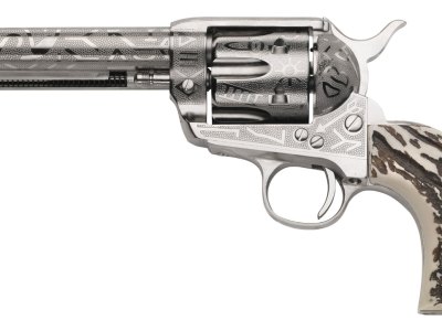 Taylors & Company 200063 1873 Cattle Brand 45 Colt (LC) Caliber with 5.50″  Barrel, 6rd Capacity Cylinder, Overall Nickel-Plated Engraved Finish Steel & Imitation Stag Grip